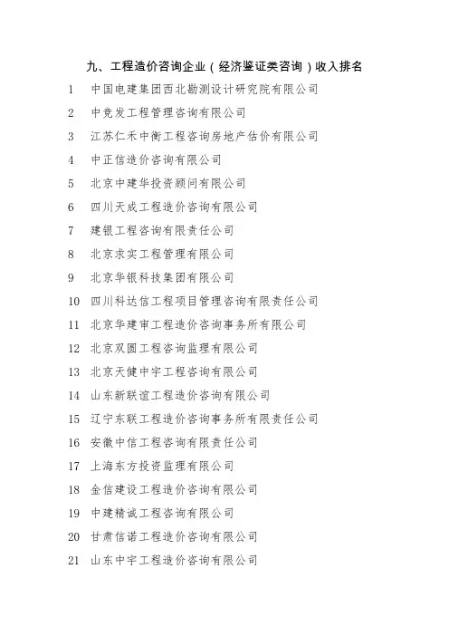九、工程造价咨询企业(经济鉴证类咨询)收入排名