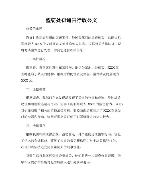 盗窃处罚通告行政公文