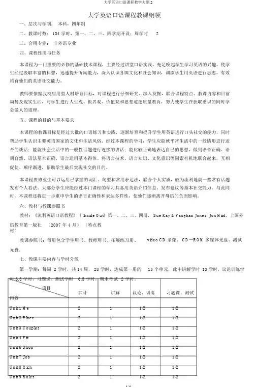 大学英语口语课程教学大纲2