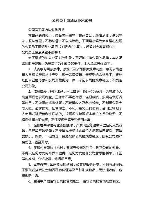 公司员工廉洁从业承诺书（精选20篇）