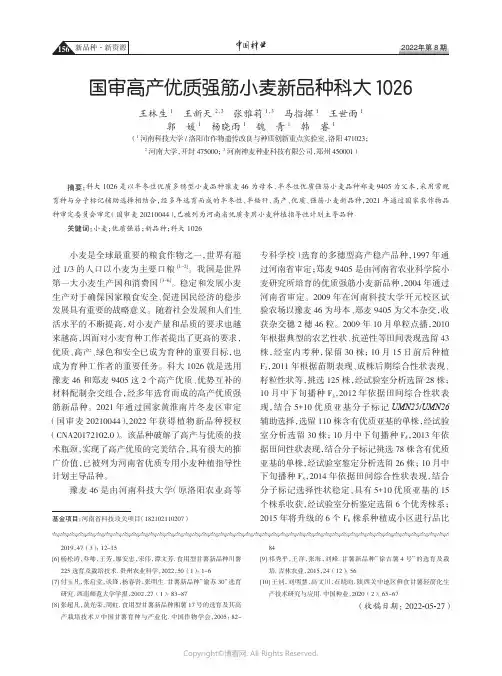 国审高产优质强筋小麦新品种科大1026 　