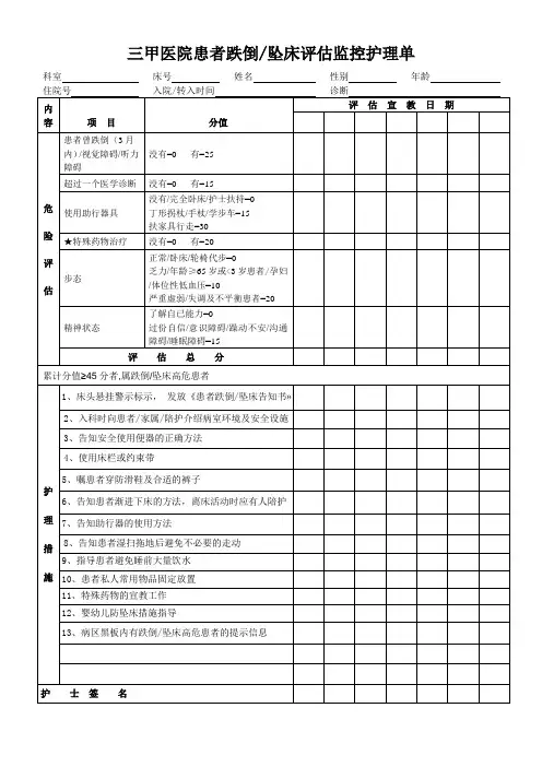 跌倒(坠床)危险因素评估表