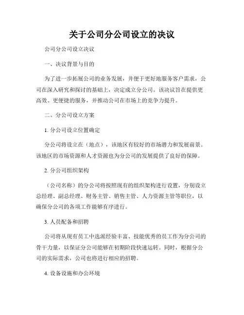 关于公司分公司设立的决议