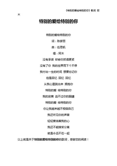 《特别的爱给特别的你》歌词 阿木