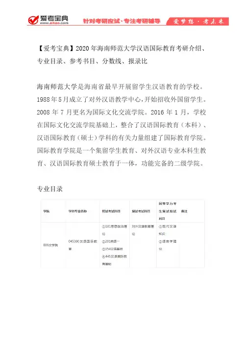 【爱考宝典】2020年海南师范大学汉语国际教育考研介绍、专业目录、参考书目、分数线、报录比