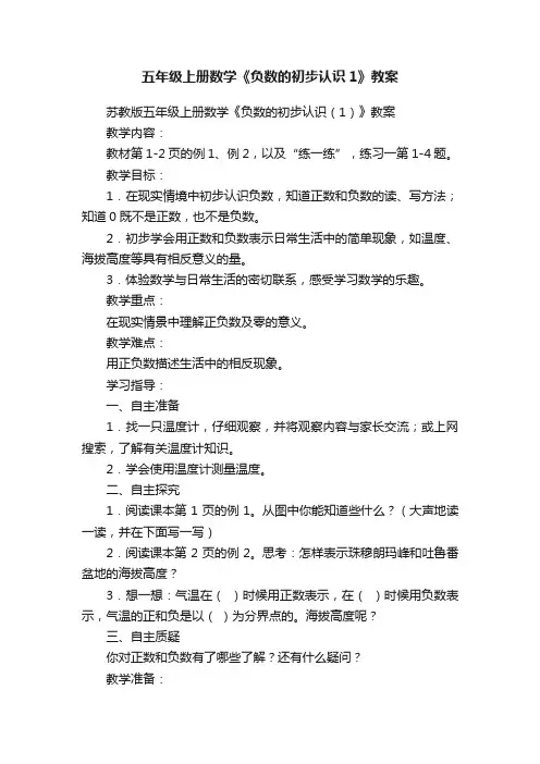 五年级上册数学《负数的初步认识1》教案