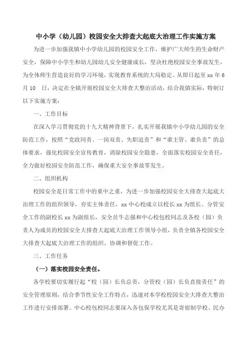 中小学(幼儿园)校园安全大排查大起底大治理工作实施方案