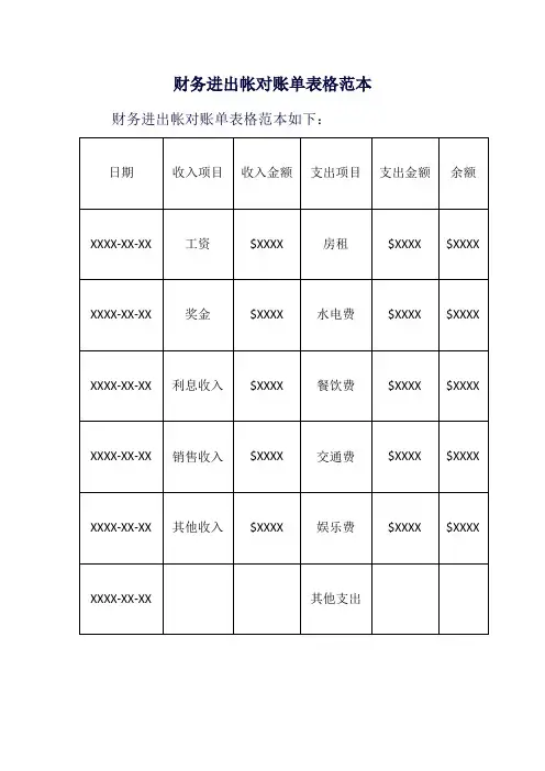 财务进出帐对账单表格范本