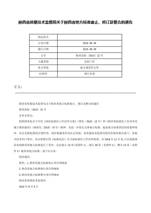 陕西省质量技术监督局关于陕西省地方标准废止、修订及整合的通告-陕质监标〔2018〕22号