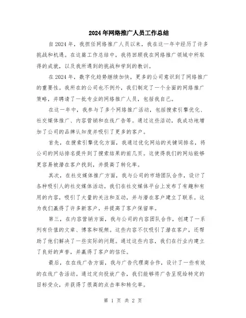 2024年网络推广人员工作总结
