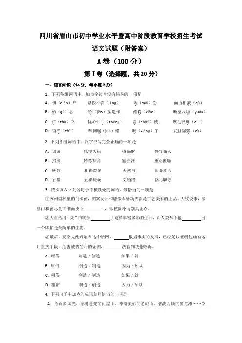 四川省眉山市初中学业水平暨高中阶段教育学校招生考试语文试题(附答案)