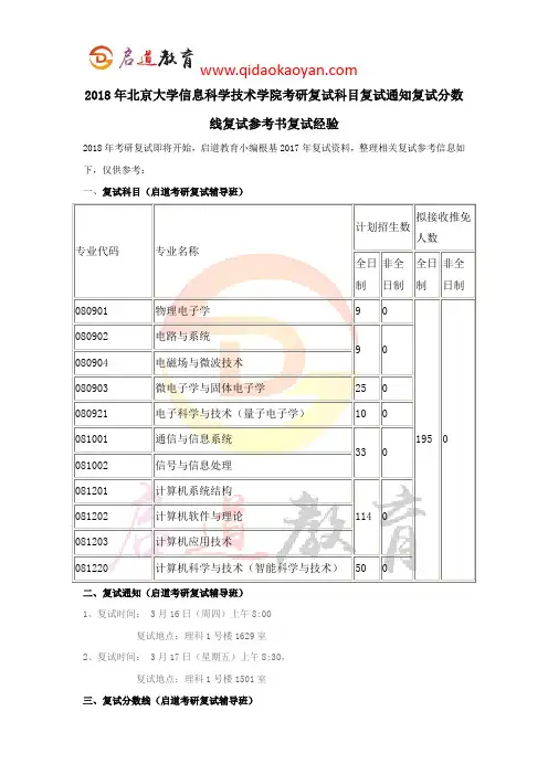 2018年北京大学信息科学技术学院考研复试科目复试通知复试分数线复试参考书复试经验