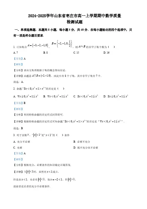 2024-2025学年山东省枣庄市高一上学期期中数学质量检测试题(含解析)