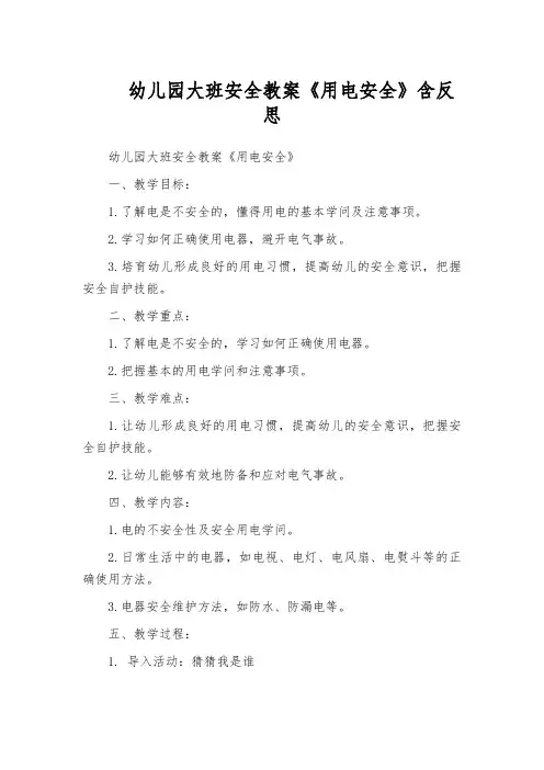 幼儿园大班安全教案《用电安全》含反思