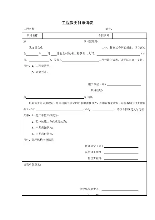 工程款支付申请表(项目施工管理表格)
