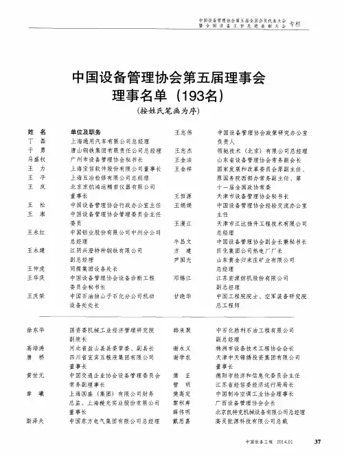 中国设备管理协会第五届理事会理事名单(193名)