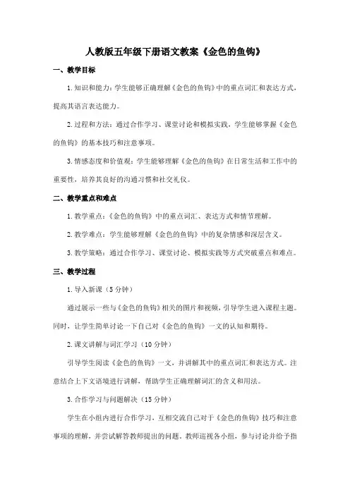人教版五年级下册语文教案《金色的鱼钩》