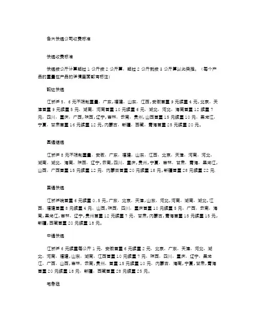 快递收费标准-快递费用