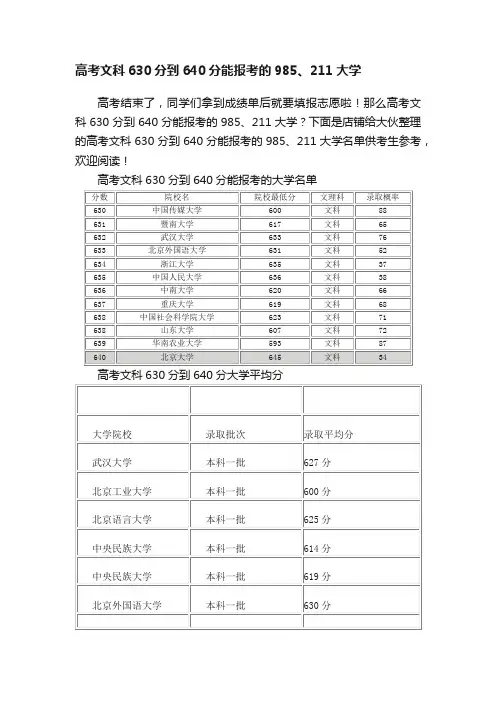高考文科630分到640分能报考的985、211大学