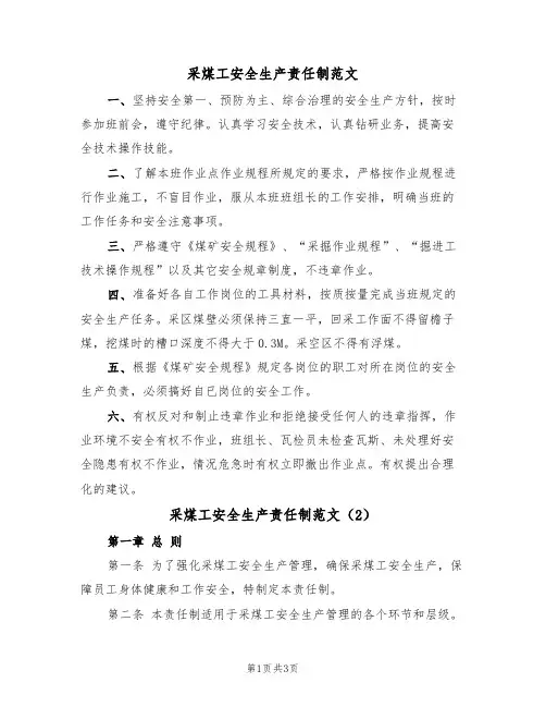 采煤工安全生产责任制范文（2篇）