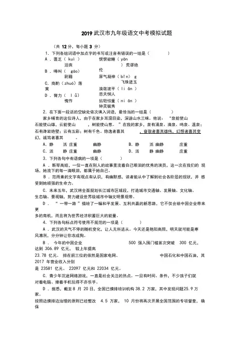 2019武汉市九年级语文中考模拟试题