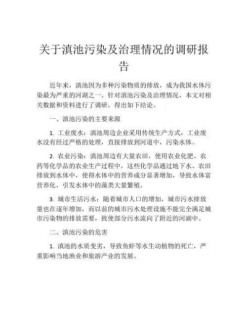 关于滇池污染及治理情况的调研报告