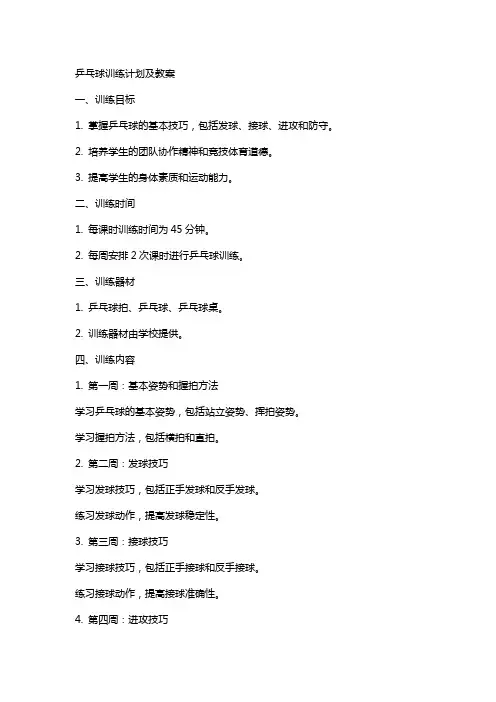 乒乓球训练计划及教案