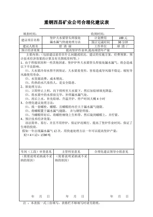 重钢西昌矿业公司合理化建议表大水梁漏水漏气处理