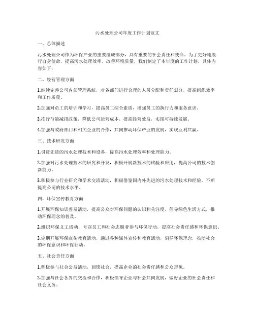 污水处理公司年度工作计划范文