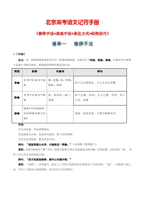 北京高考古诗鉴赏复习(修辞手法+表现手法+表达方式+结构技巧)