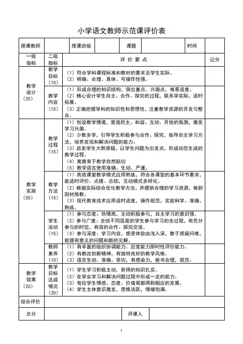 小学语文优质课评课表