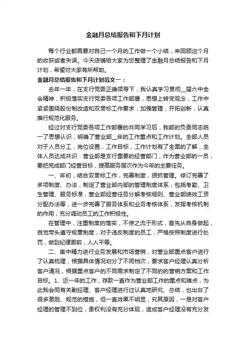 金融月总结报告和下月计划