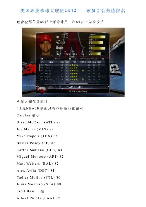 美国职业棒球大联盟2K12——球员综合数值排名