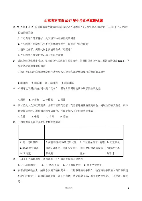 【2017中考化学】山东省枣庄市中考化学真题试题(含答案)【真题卷】