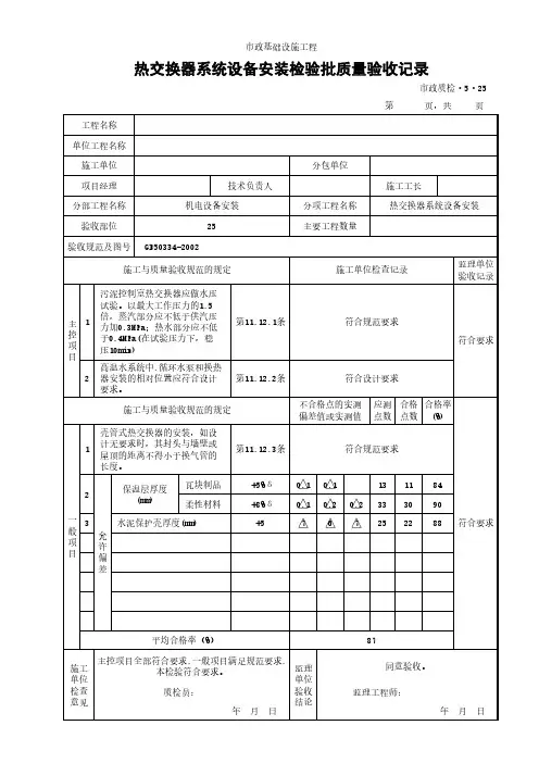热交换器系统设备安装检验批质量验收记录