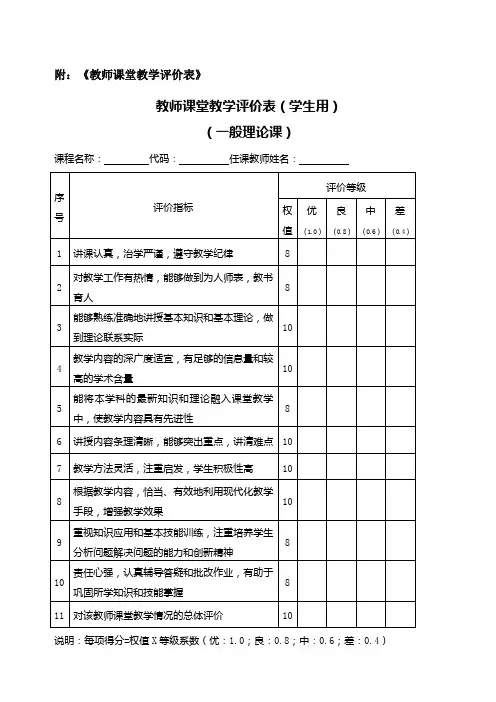 《教师课堂教学评价表》模版