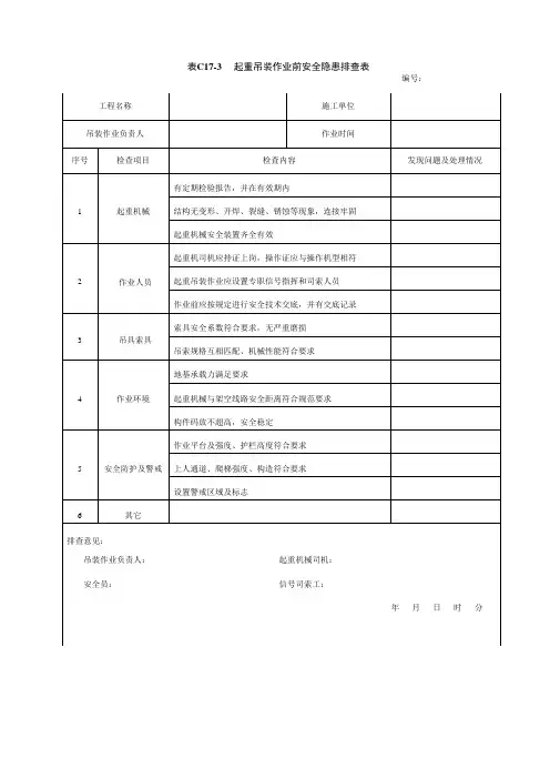 起重吊装作业前安全隐患排查表-安全技术资料表格