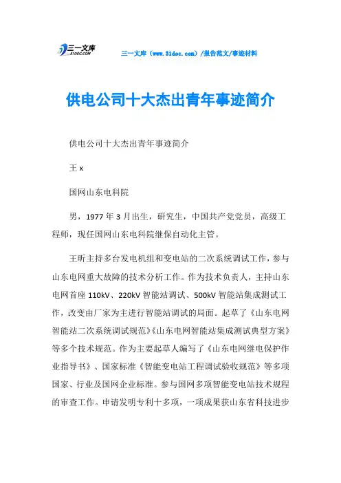 事迹材料供电公司十大杰出青年事迹简介