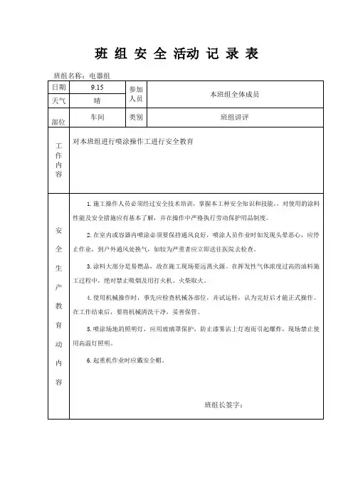 班组安全活动记录表(喷涂操作工)