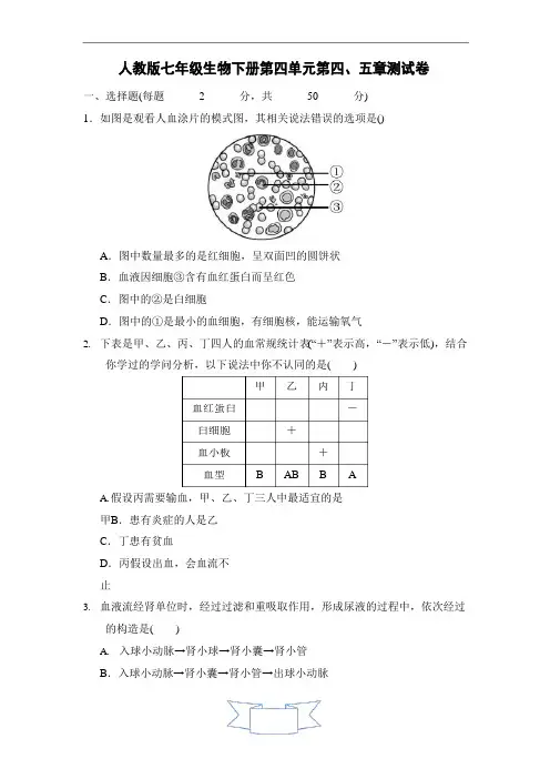 人教版七年级生物下册第四单元测试卷(含答案)