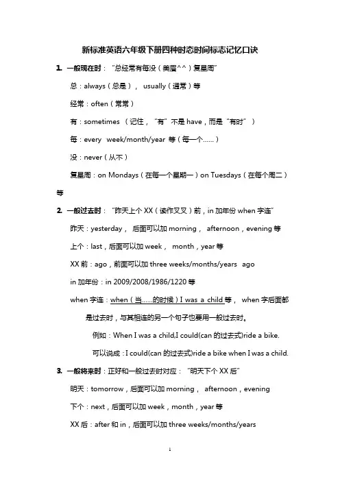 新标准英语六年级下册四种时态时间标志记忆口诀与练习