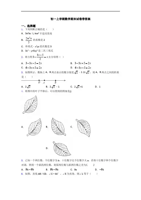 初一上学期数学期末试卷带答案