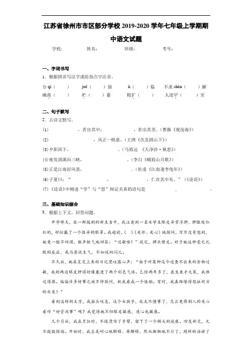 江苏省徐州市市区部分学校2019~2020学年七年级上学期期中语文试题