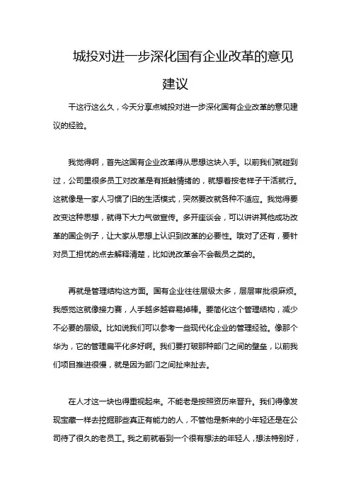 城投对进一步深化国有企业改革的意见建议