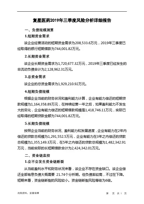 复星医药2019年三季度财务风险分析详细报告