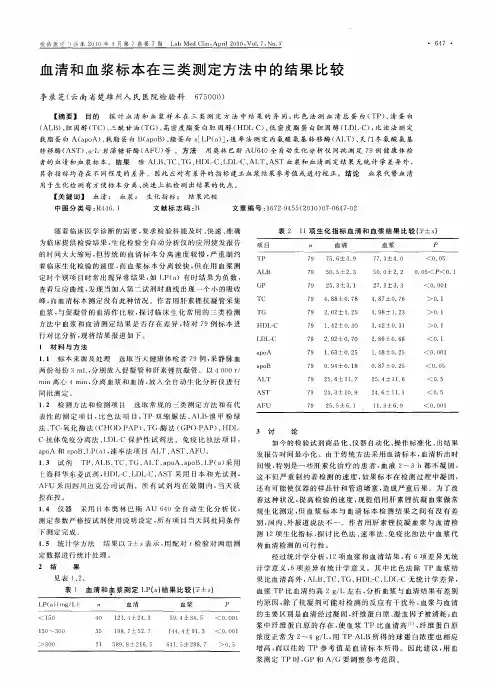 血清和血浆标本在三类测定方法中的结果比较