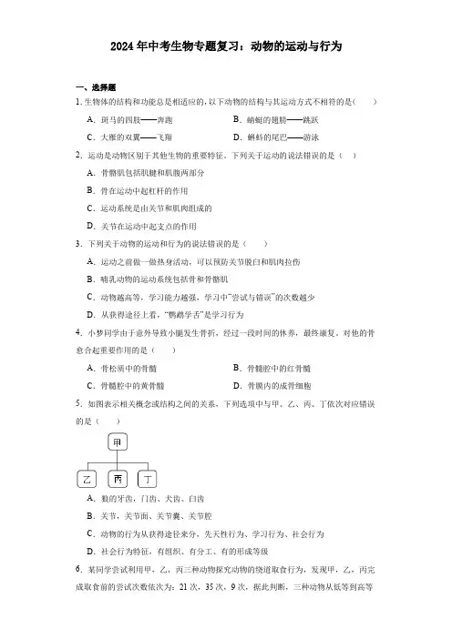 2024年中考生物专题复习：动物的运动与行为