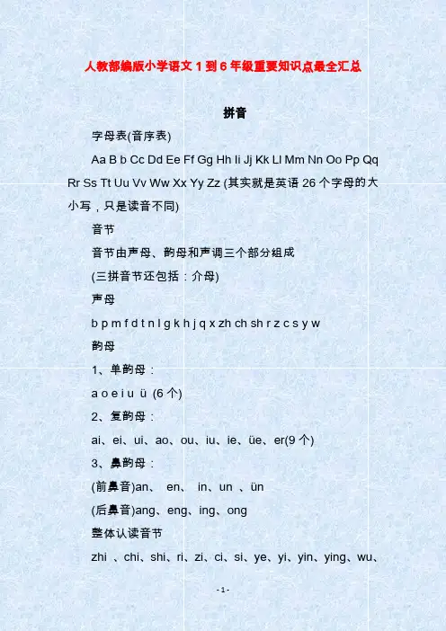 人教部编版小学语文1到6年级重要知识点最全汇总