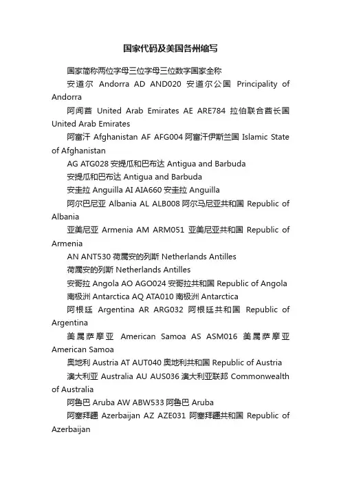 国家代码及美国各州缩写