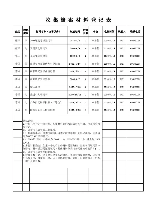 收集材料登记表